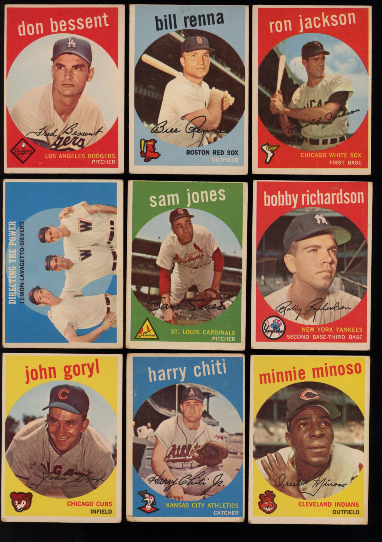 Lot of nine baseball cards from 1959 Topps Series Don Bessent, Bill Renna, Ron Jackson and more: Lot of 9 baseball cards from the 1959 Topps series including Don Bessent #71, Bill Renna #72, Ron Jackson #73, Directing the Power featuring Lemon, Lavagetto and Sievers #74, Sam Jones #75, Bobby Rich