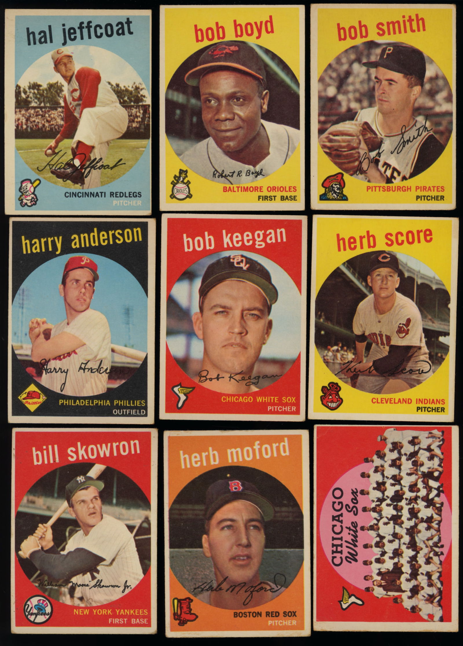 Lot of nine baseball cards from 1959 Topps Series Hal Jeffcoat, Bob Boyd, Bob Smith and more (1 of 3)