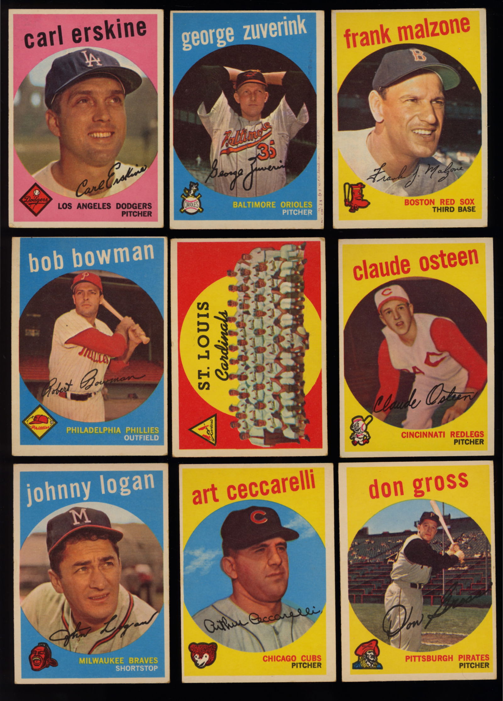 Lot of nine baseball cards from 1959 Topps Series Carl Erskine, George Zuverink, F. Malzone and more (1 of 3)