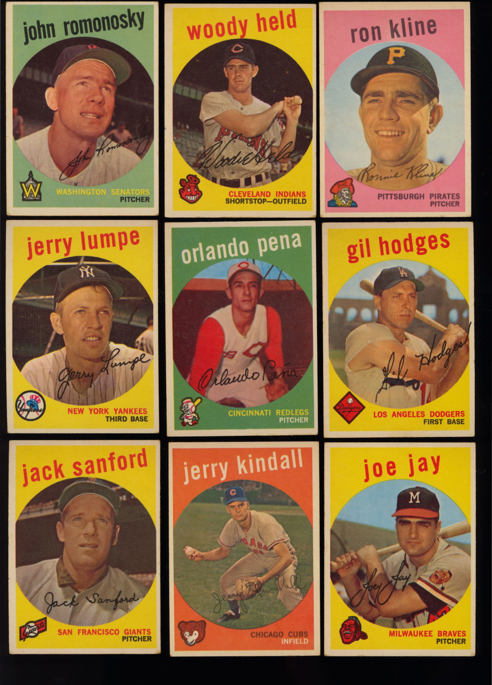 Lot of nine baseball cards from 1959 Topps Series John Romonosky, Woody Held, Ron Kline and more (1 of 3)