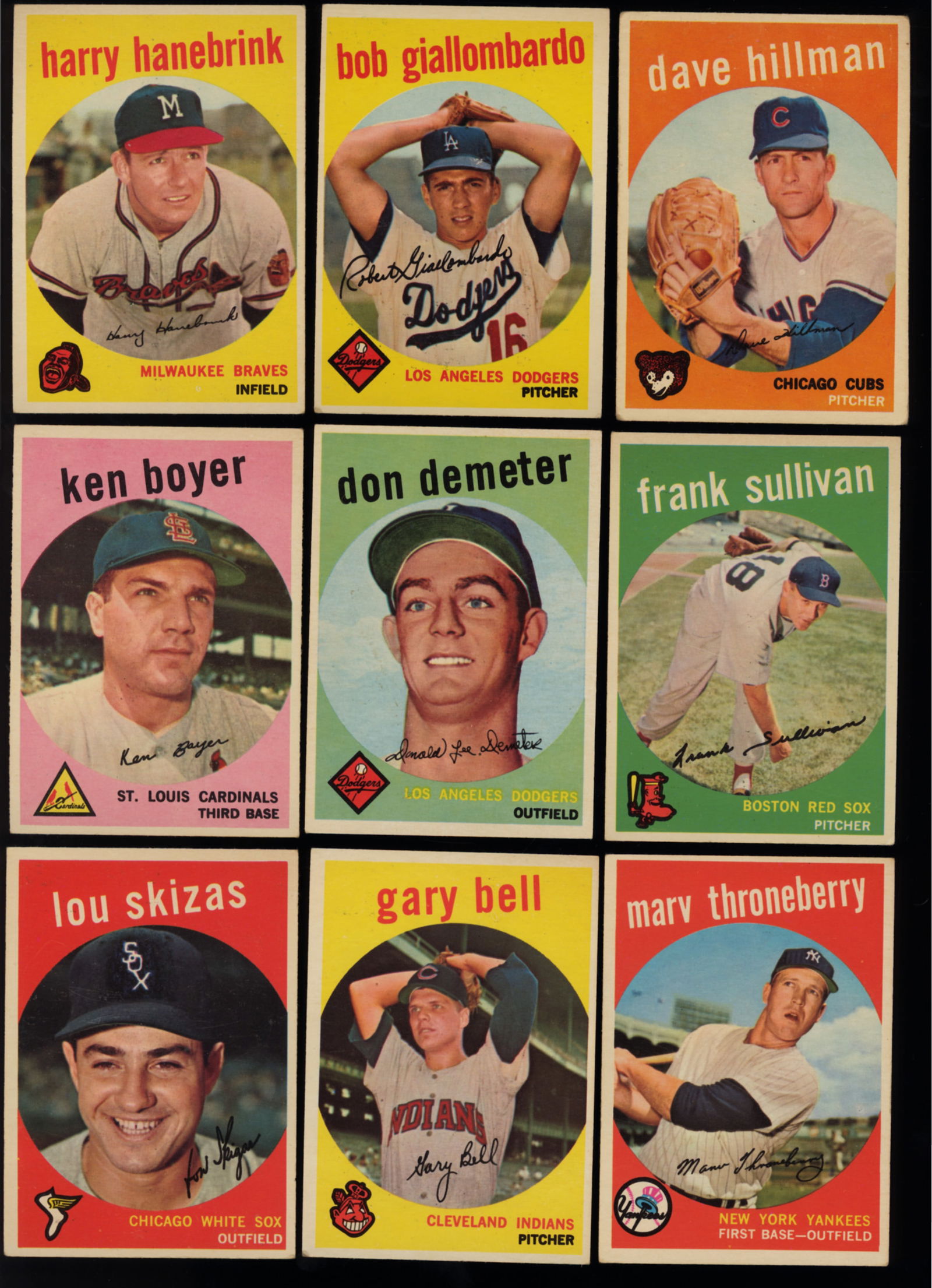 Lot of nine baseball cards from 1959 Topps Series D. Hillman, B. Giallombardo, H. Hanebrink and more (1 of 3)