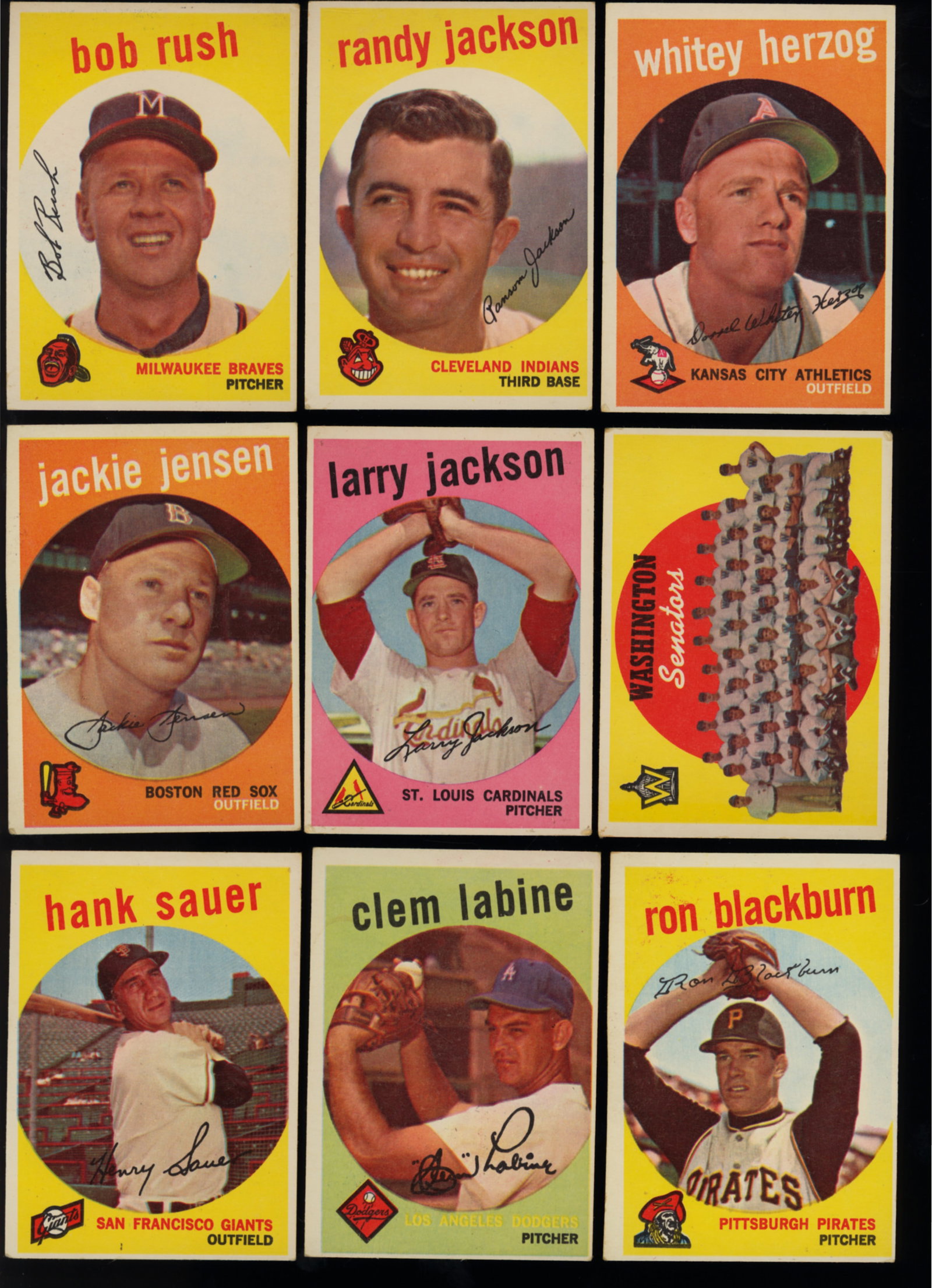 Lot of nine baseball cards from 1959 Topps Series Whitey Herzog, Randy Jackson, Bob Rush and more: Lot of 9 baseball cards from the 1959 Topps series including Whitey Herzog 392, Randy Jackson 394, Bob Rush 396, Washington Senators sixth series checklist #397, Larry Jackson 399, Jackie Jensen 400, 