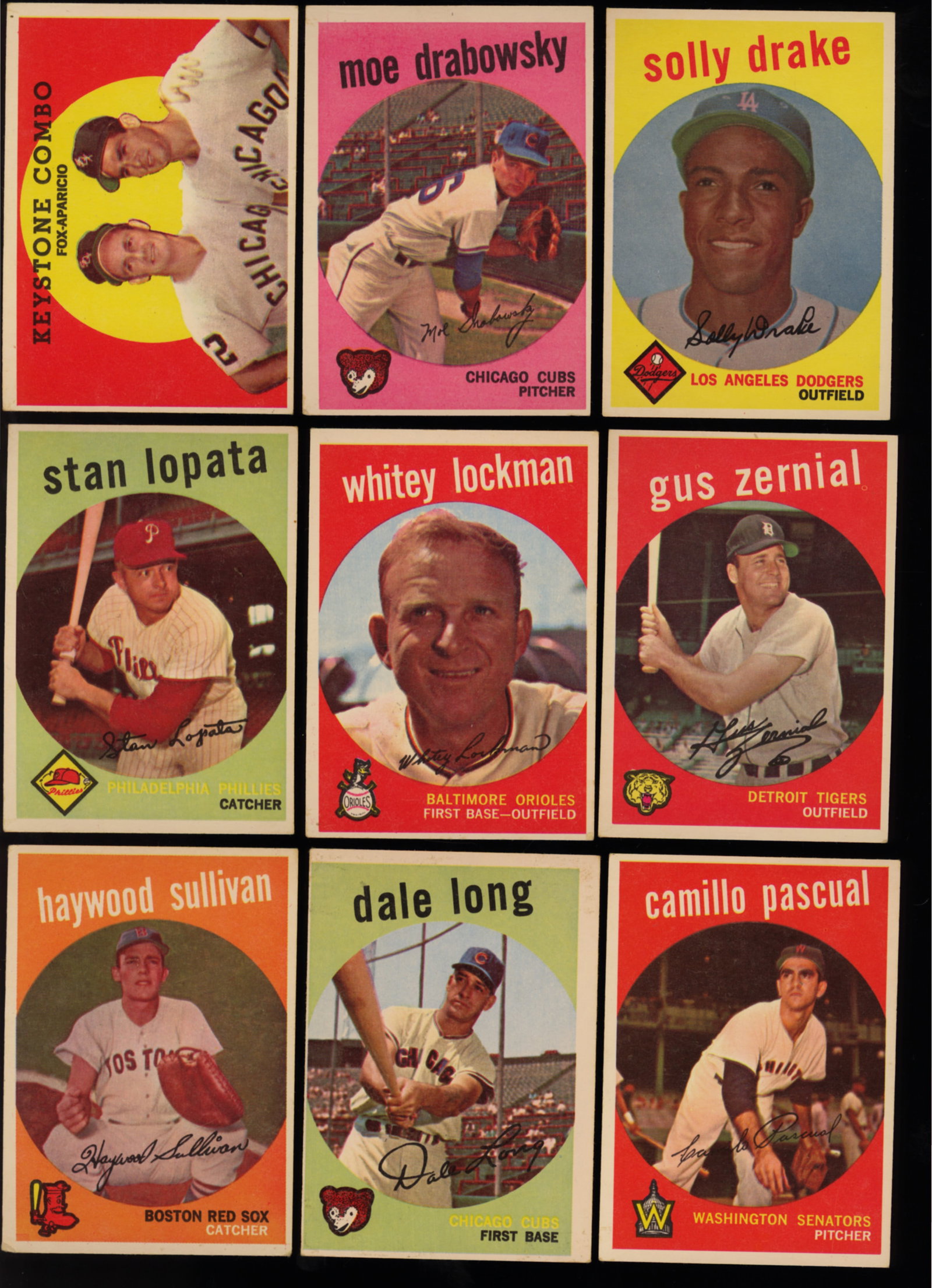 Lot of nine baseball cards from 1959 Topps Series Solly Drake, Moe Drabowsky, Gus Zernial and more: Lot of 9 baseball cards from the 1959 Topps series including Solly Drake 406, Moe Drabowsky 407, Keystone Combo Fox and Aparicio 408, Gus Zernial 409, Whitey Lockman 411, Stan Lopata 412, Camilo Pasqu