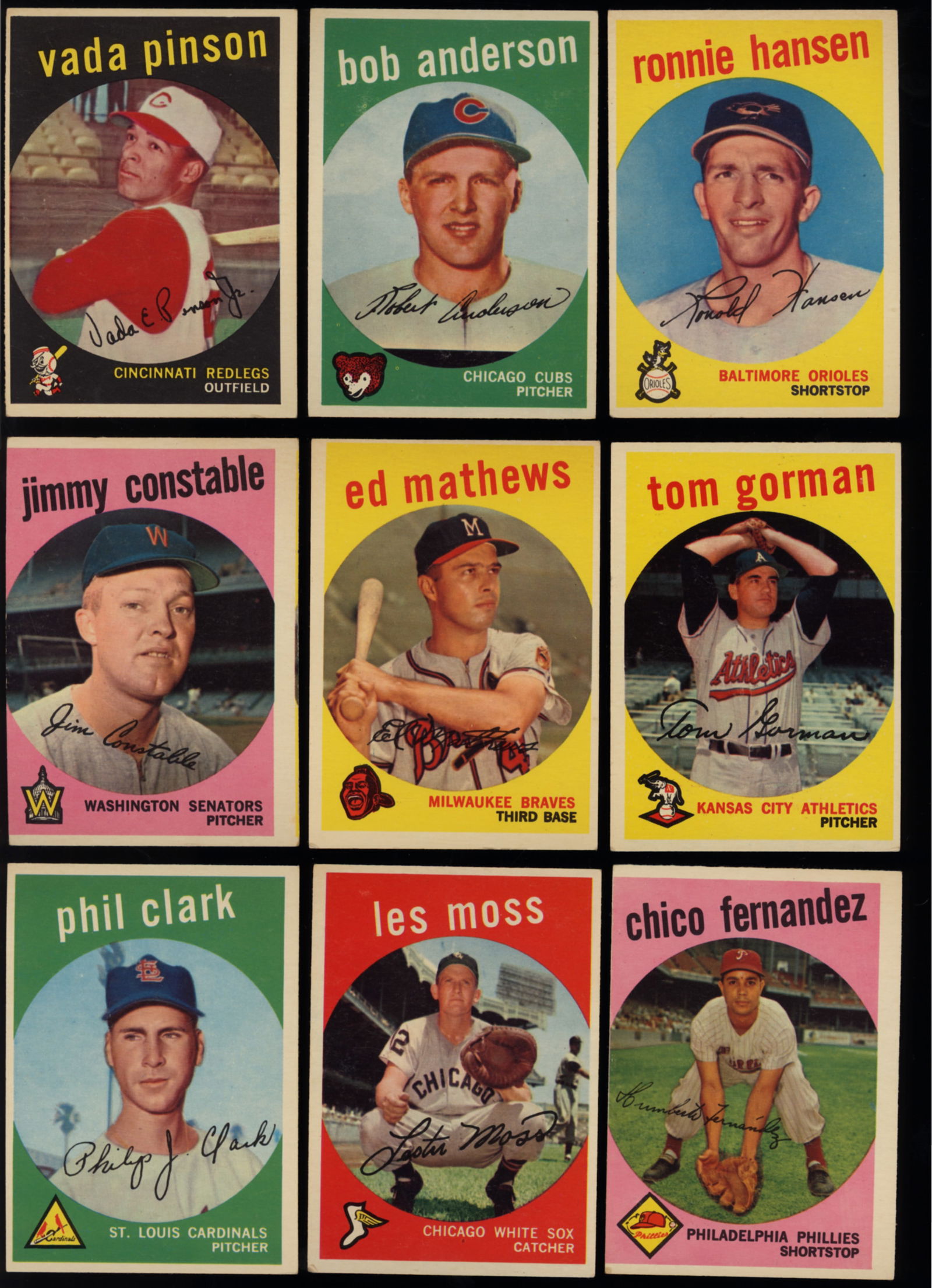 Lot of 9 baseball cards from 1959 Topps Series Ronnie Hansen, Bob Anderson, Vada Pinson and more (1 of 3)