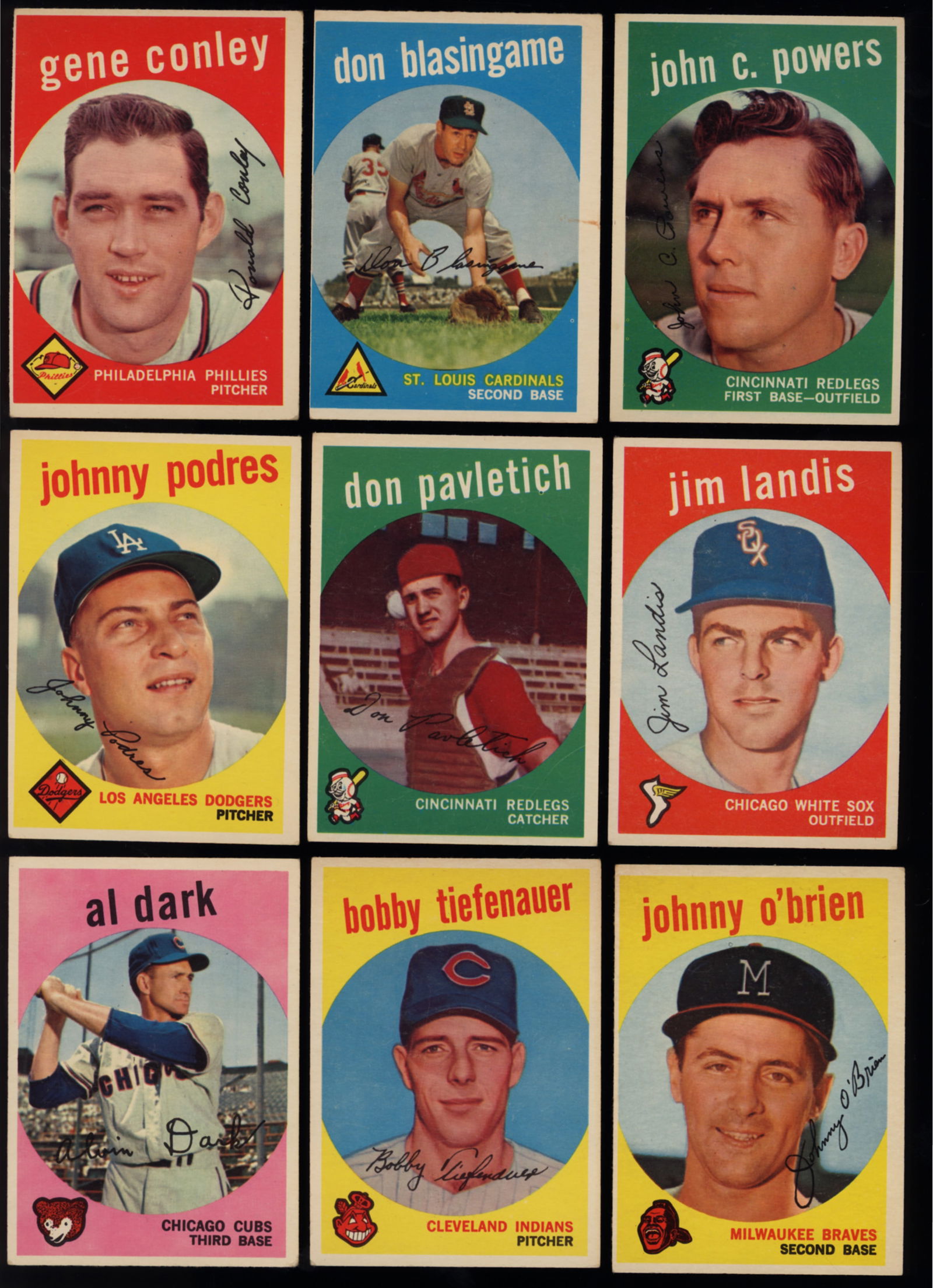 Lot of 9 baseball cards from 1959 Topps Series Johnny Powers, Don Blasingame, Gene Conley and more (1 of 3)