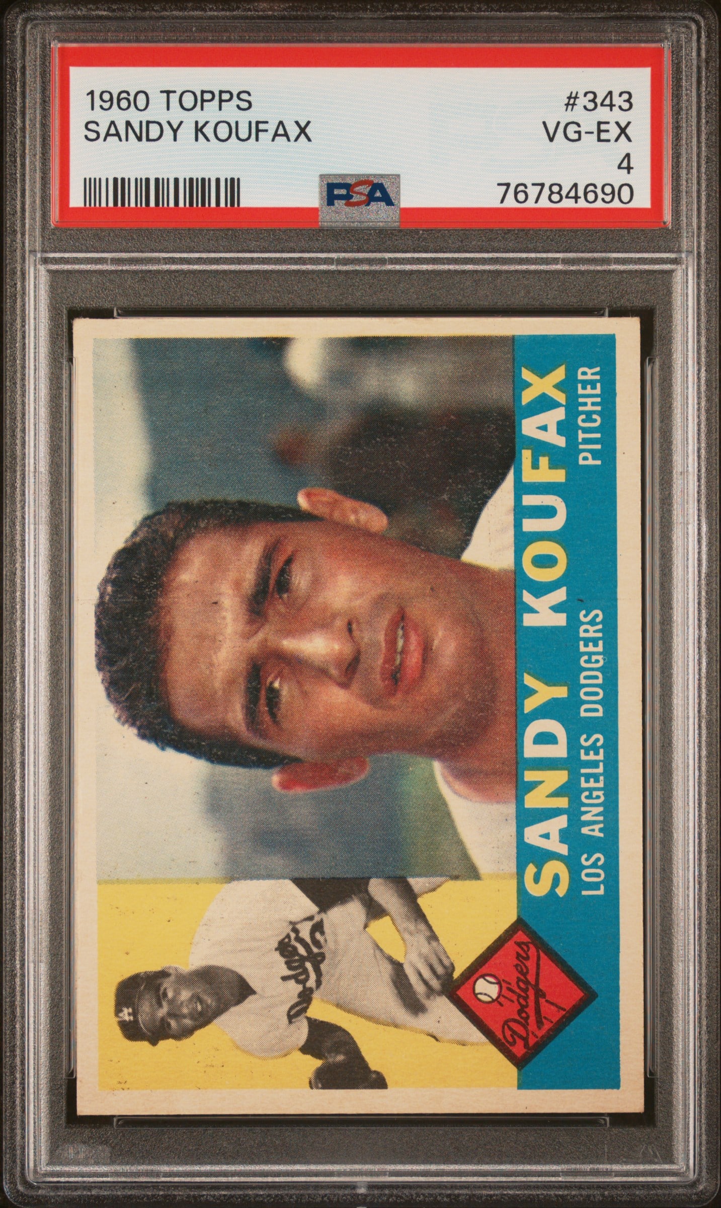 1960 Topps 343 Sandy Koufax Pitcher for the Los Angeles Dodgers graded 4 VG-Excellent by PSA (1 of 4)