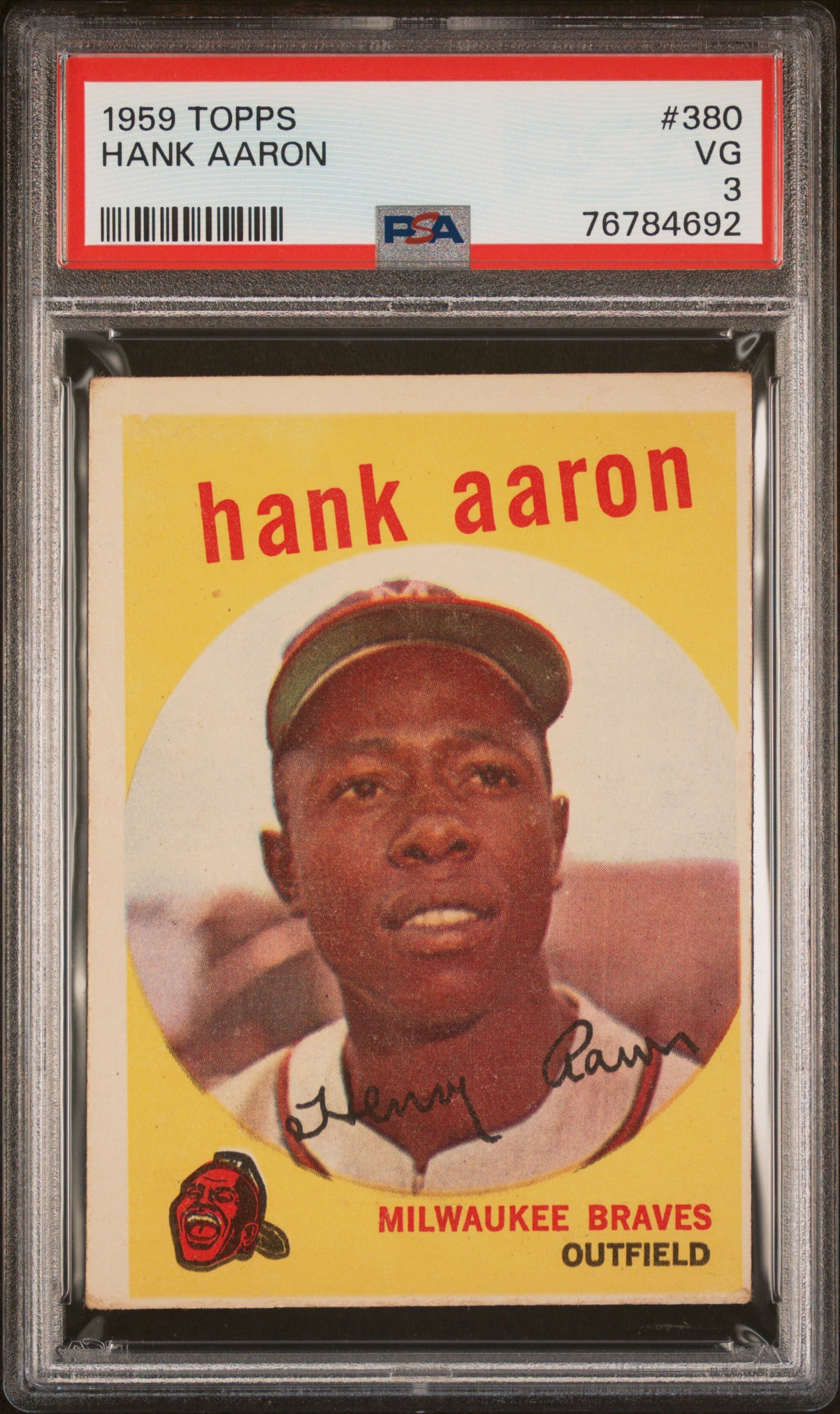 1959 Topps 380 Hank Aaron Outfielder for the Milwaukee Braves graded 3 Very Good by PSA (1 of 3)