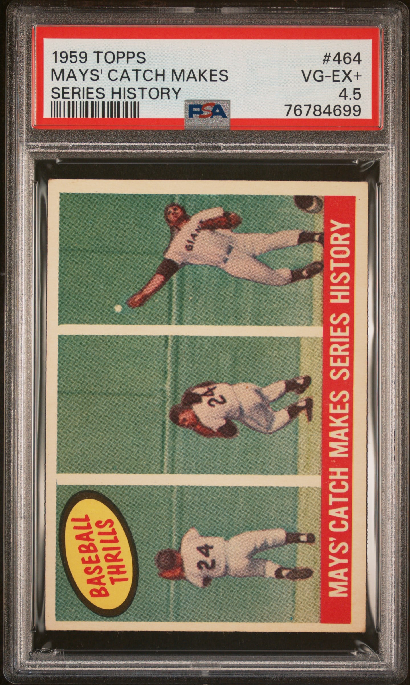 1959 Topps 464 Baseball Thrills Willie Mays' Catch Makes Series History graded 4.5 VG-EX+ by PSA (1 of 4)
