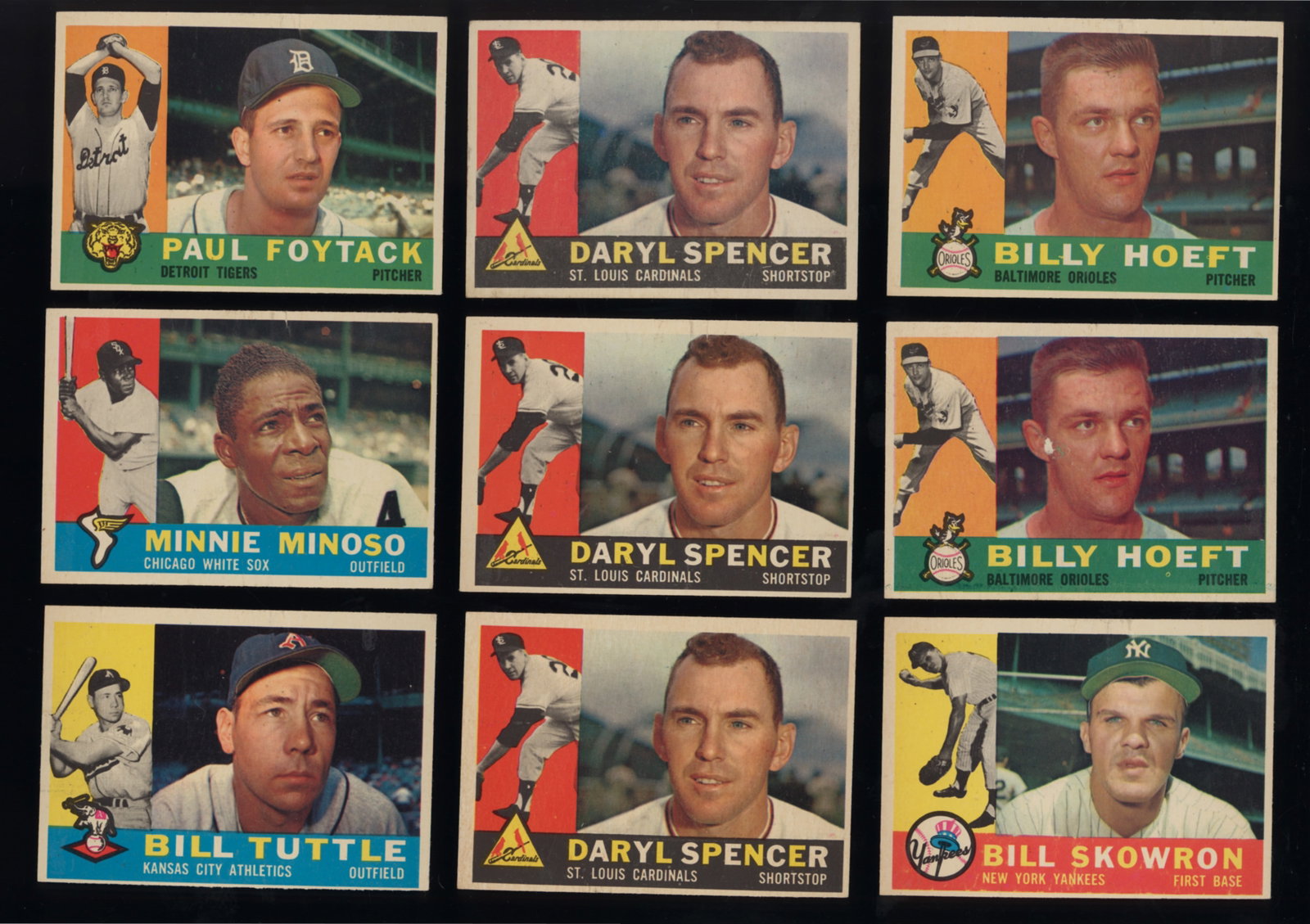 Lot of 9 Topps baseball cards from 1960 Minnie Minoso, Bill Tuttle, Daryl Spencer and more: Lot of 9 baseball cards from the Topps 1960 series including Paul Foytack 364, Minnie Minoso 365, Bill Tuttle 367, Daryl Spencer 368 (three copies), Billy Hoeft 369 (two copies) and Bill Skowron 370. 