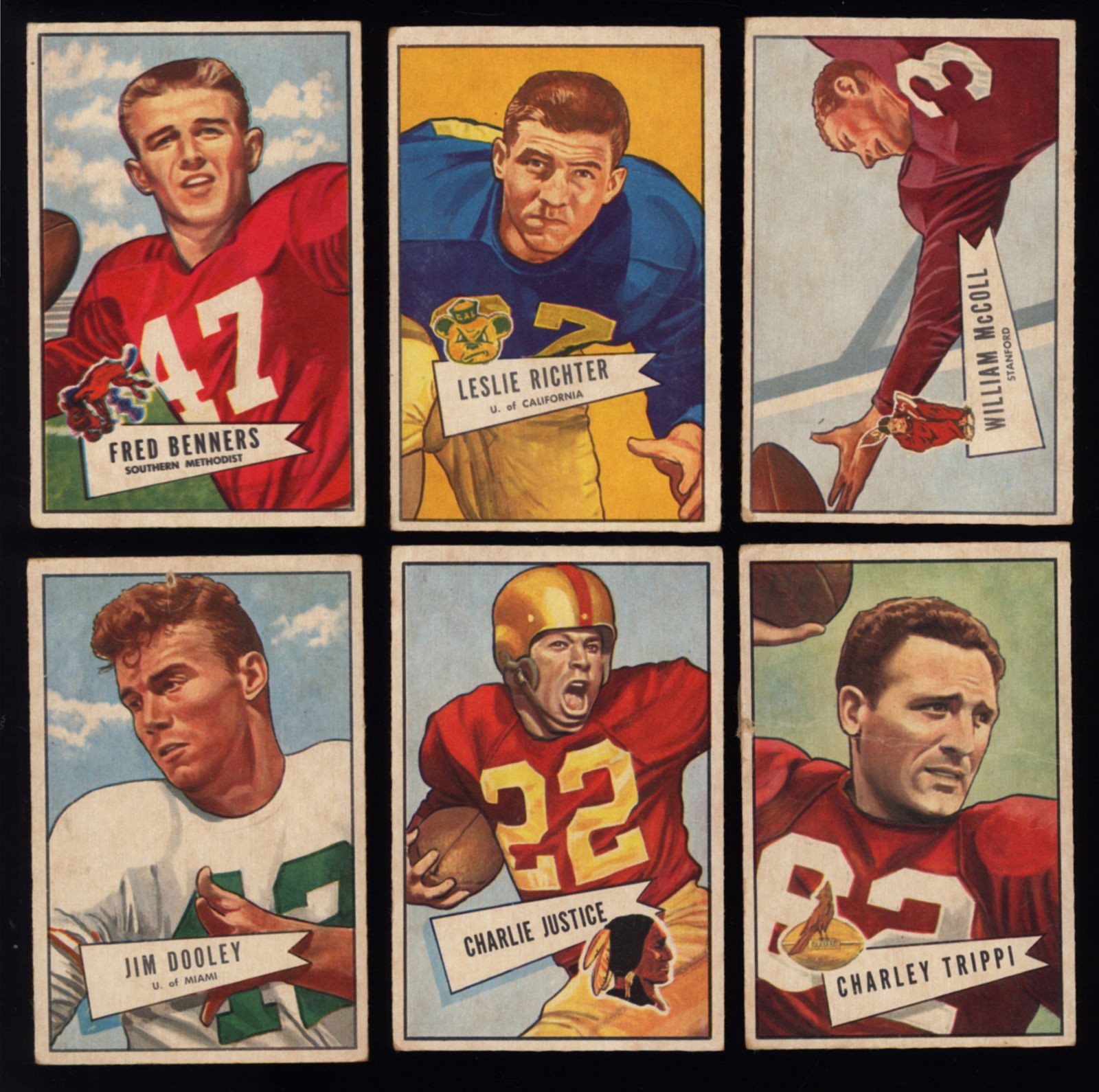 Lot of six small 1952 Bowman football cards including Jim Dooley, Charlie Justice, C. Trippi and (1 of 2)