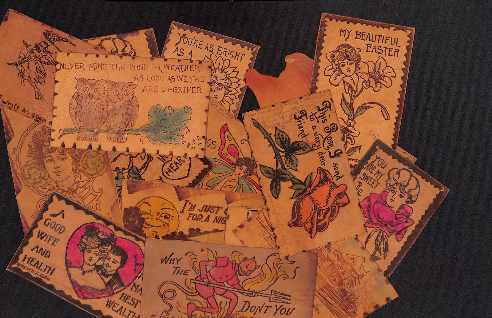 Lot of 18 antique leather postcards dating from the early 1900s as shown (1 of 11)