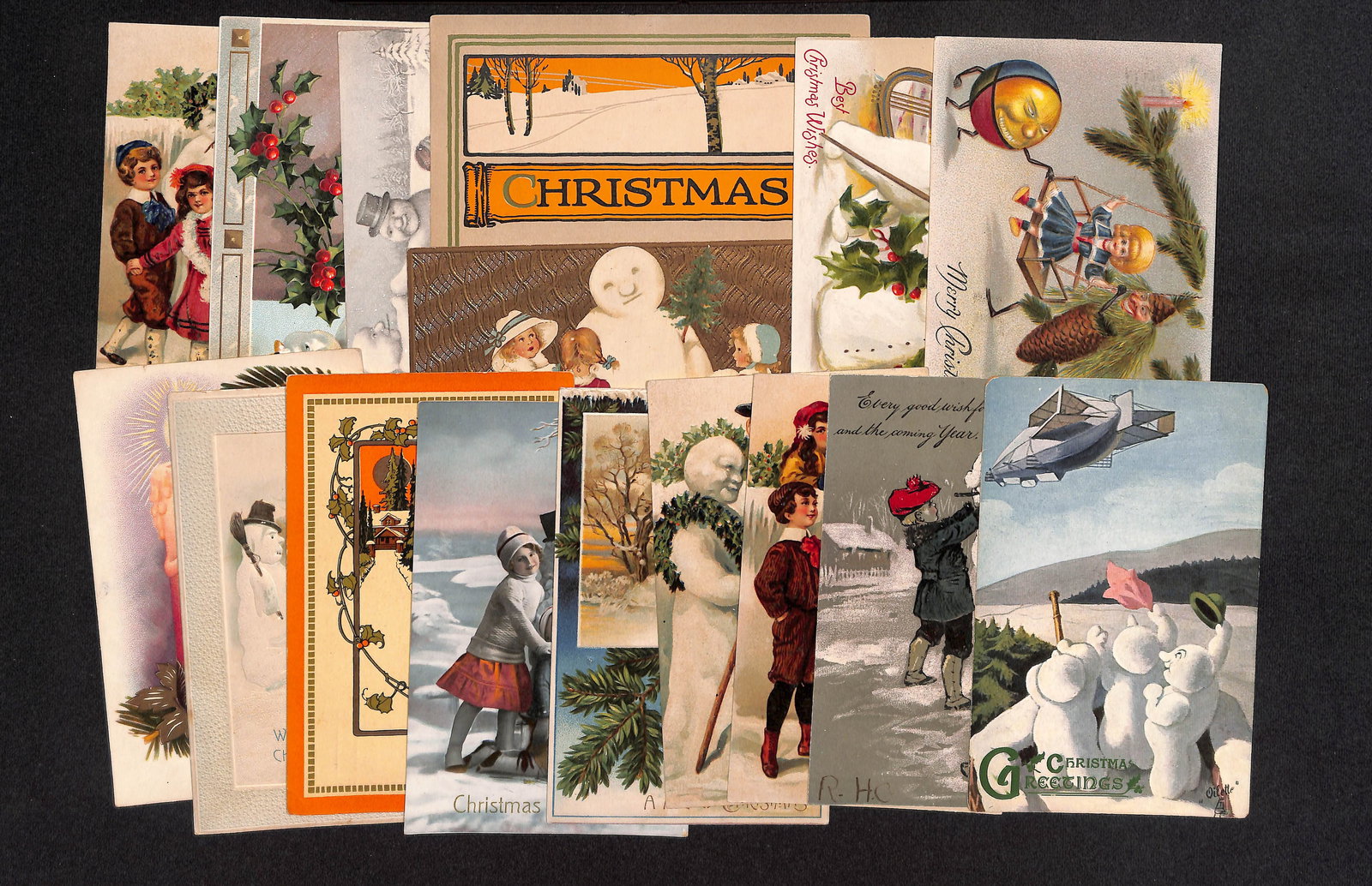 Lot of 16 antique Christmas themed postcards inc. Oilette, zeppelin, undivided b., French. Some rare (1 of 9)