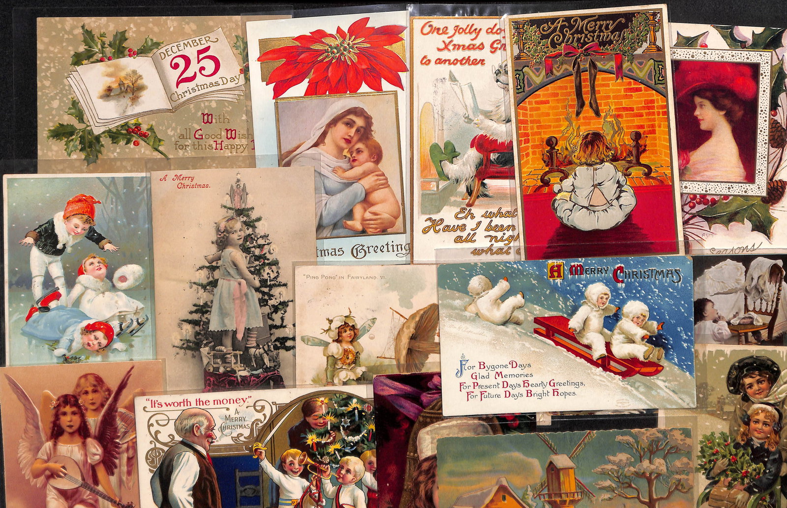 Lot of 16 antique Christmas postcards Clappsaddle, praying dolls, RPPC, mushroom ping pong and more (1 of 11)