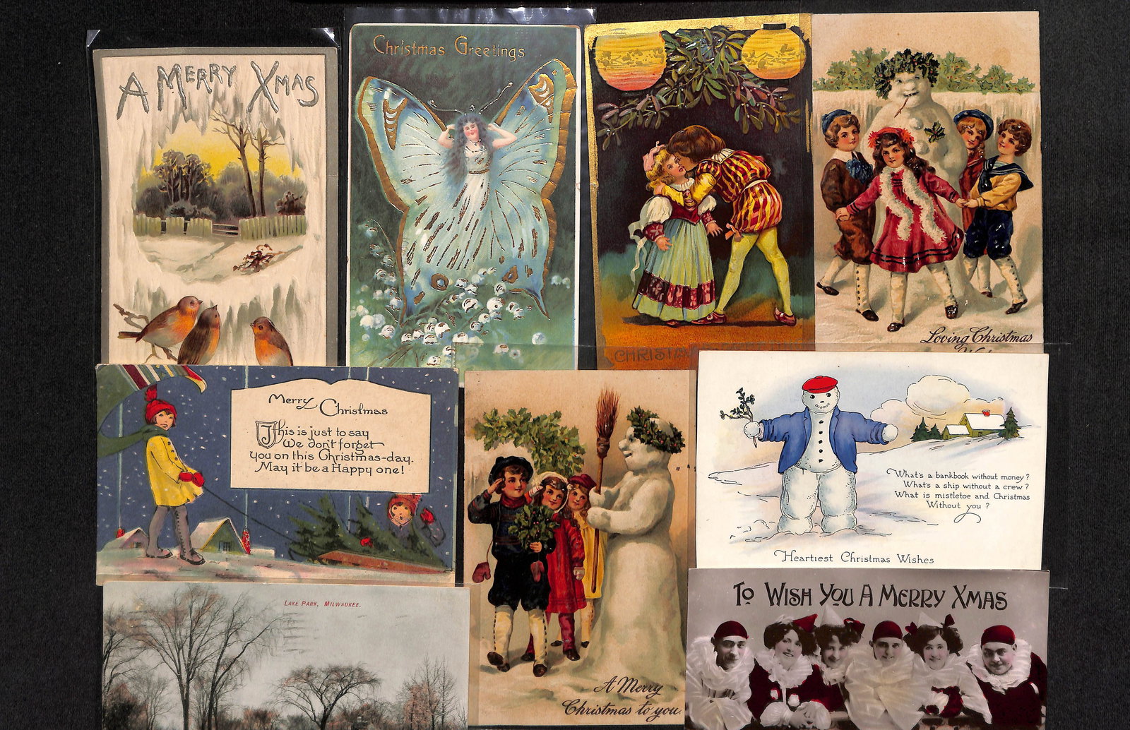 Lot of 9 antique Christmas postcards Davidson Bros, female human butterfly, colorized RPPC and more (1 of 7)
