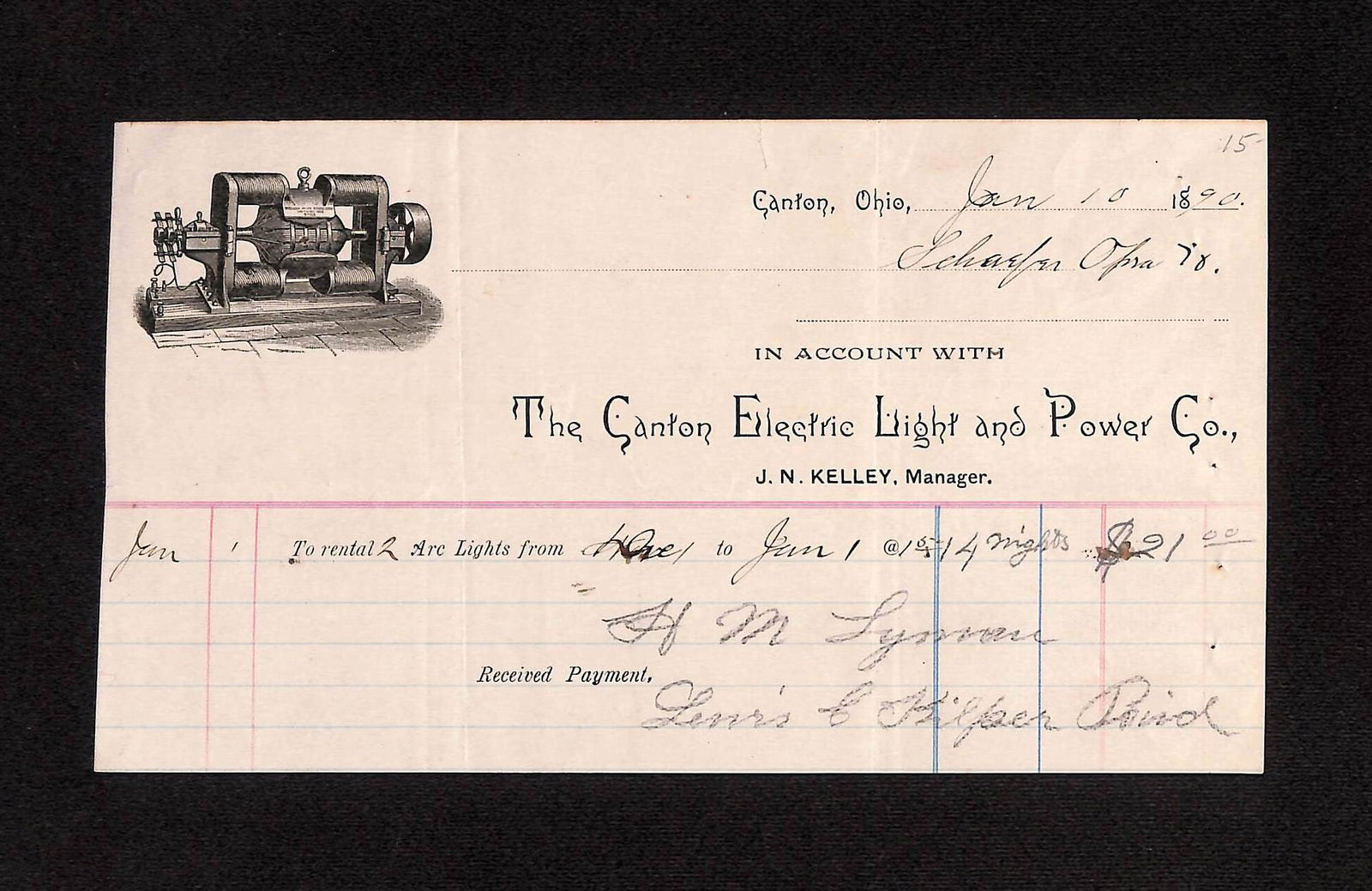 Very Early Electric Industry Invoice from 1890 for arc lights rented in 1889 (1 of 2)