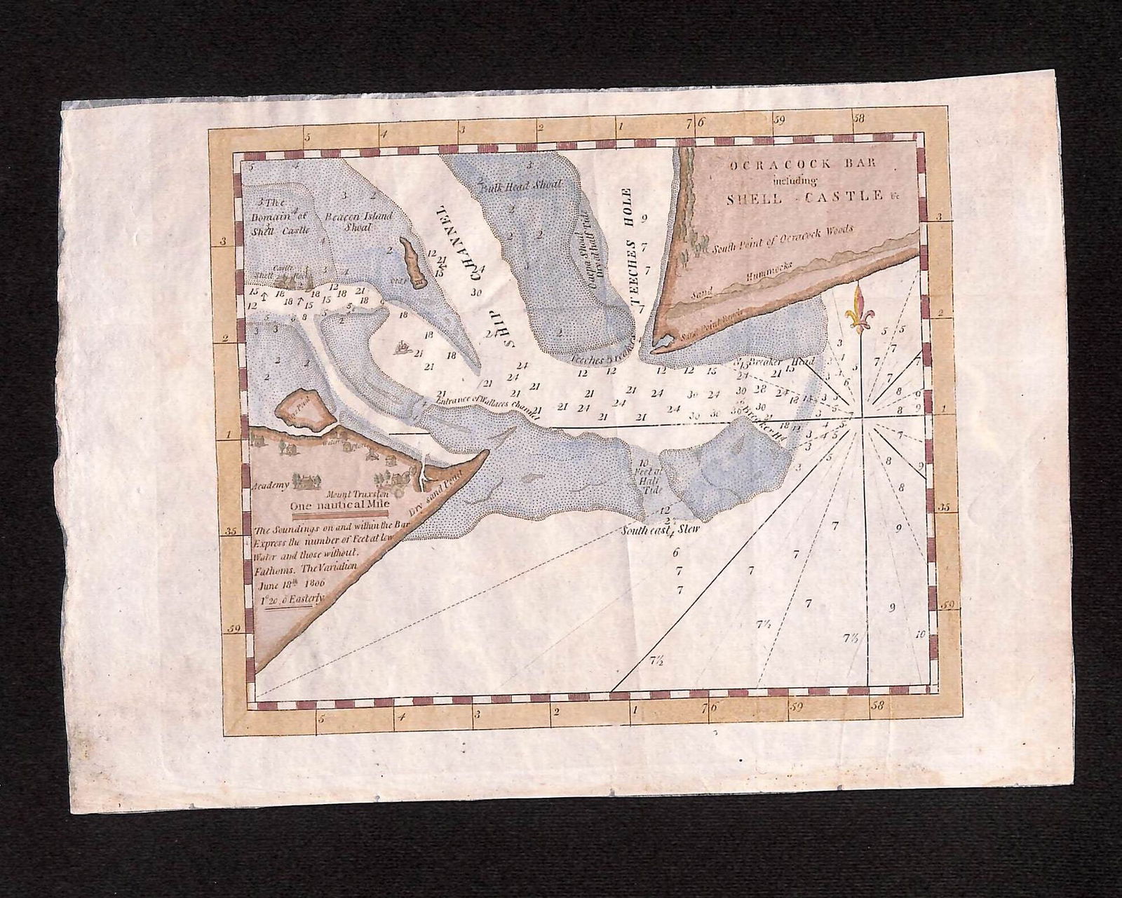 1806 hand colored map titled "Ocracock Bar including Shell Castle" from pgs of American Coast Pilot (1 of 13)