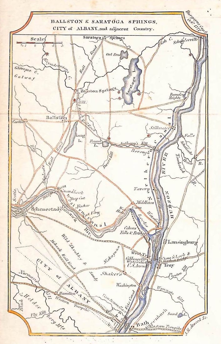 19th century hand colored map titled "BALLSTON & SARATOGA SPRINGS, CITY of ALBANY" by John Atwood: A hand colored map titled "BALLSTON & SARATOGA SPRINGS, CITY of ALBANY, and adjacent Country." with "J. M. Atwood Sc." printed in bottom right corner. A variant of this map was included as "Plate 9" i