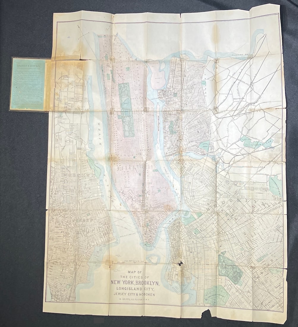Dripps' Map of the Five Cities New York, Brooklyn, Long Island City 19th Century folding pocket map: A rare and scarce folding pocket map showing a "MAP OF THE CITIES OF NEW YORK, BROOKLYN, LONGISLAND CITY, JERSEY CITY & HOBOKEN" published by "M. DRIPPS, 103 FULTON ST. N. Y." with a catalogue of M. D