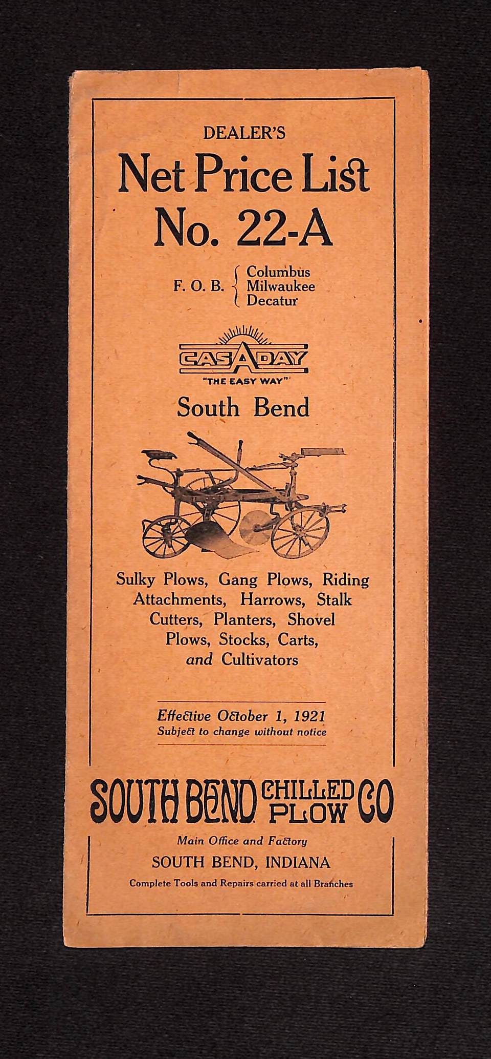 1921 Price list for South Bend Chilled Plow Co (1 of 4)