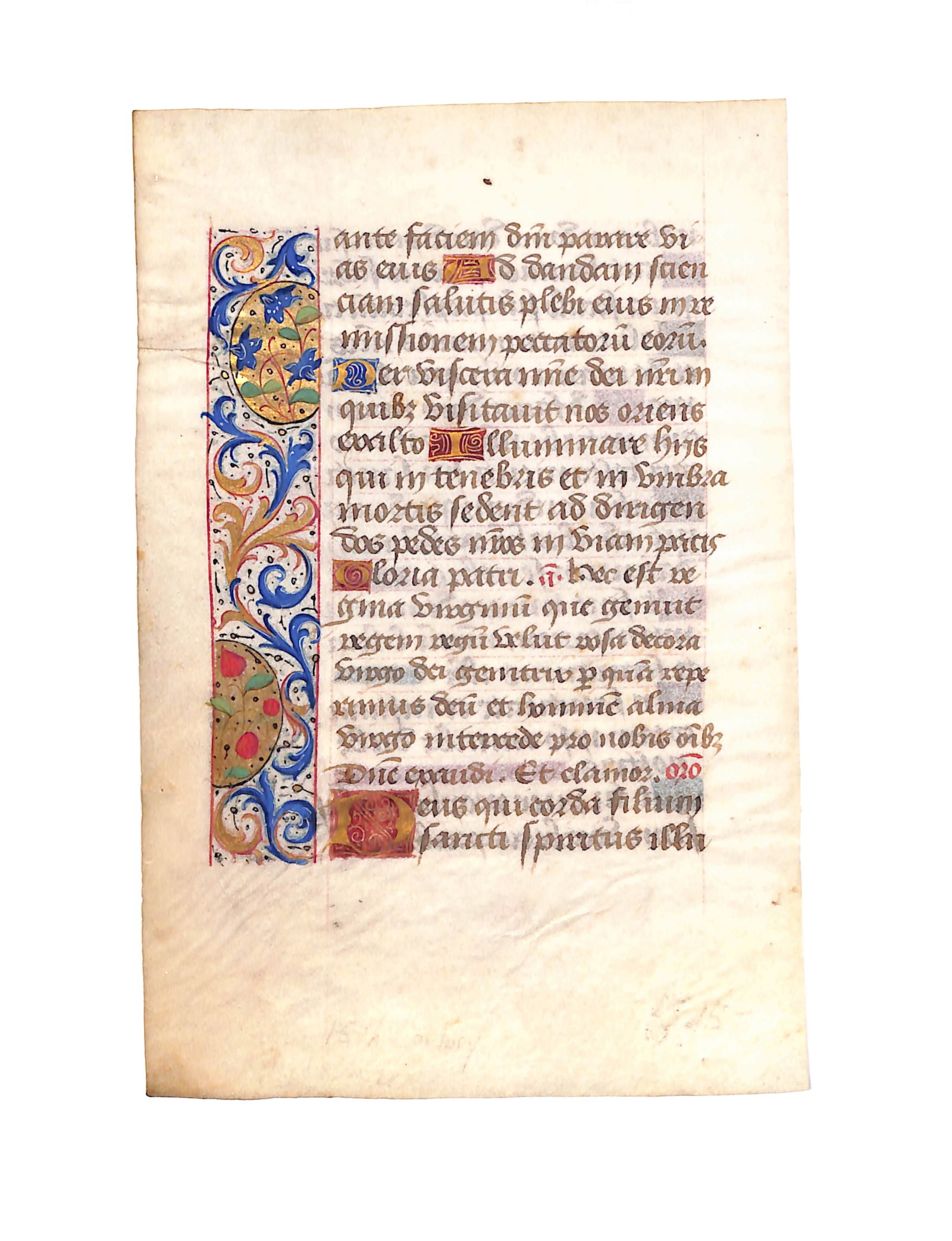 15th C. French illuminated leaf on vellum from Book of Hours - section from Song of Zacharia Luke 1 (1 of 2)
