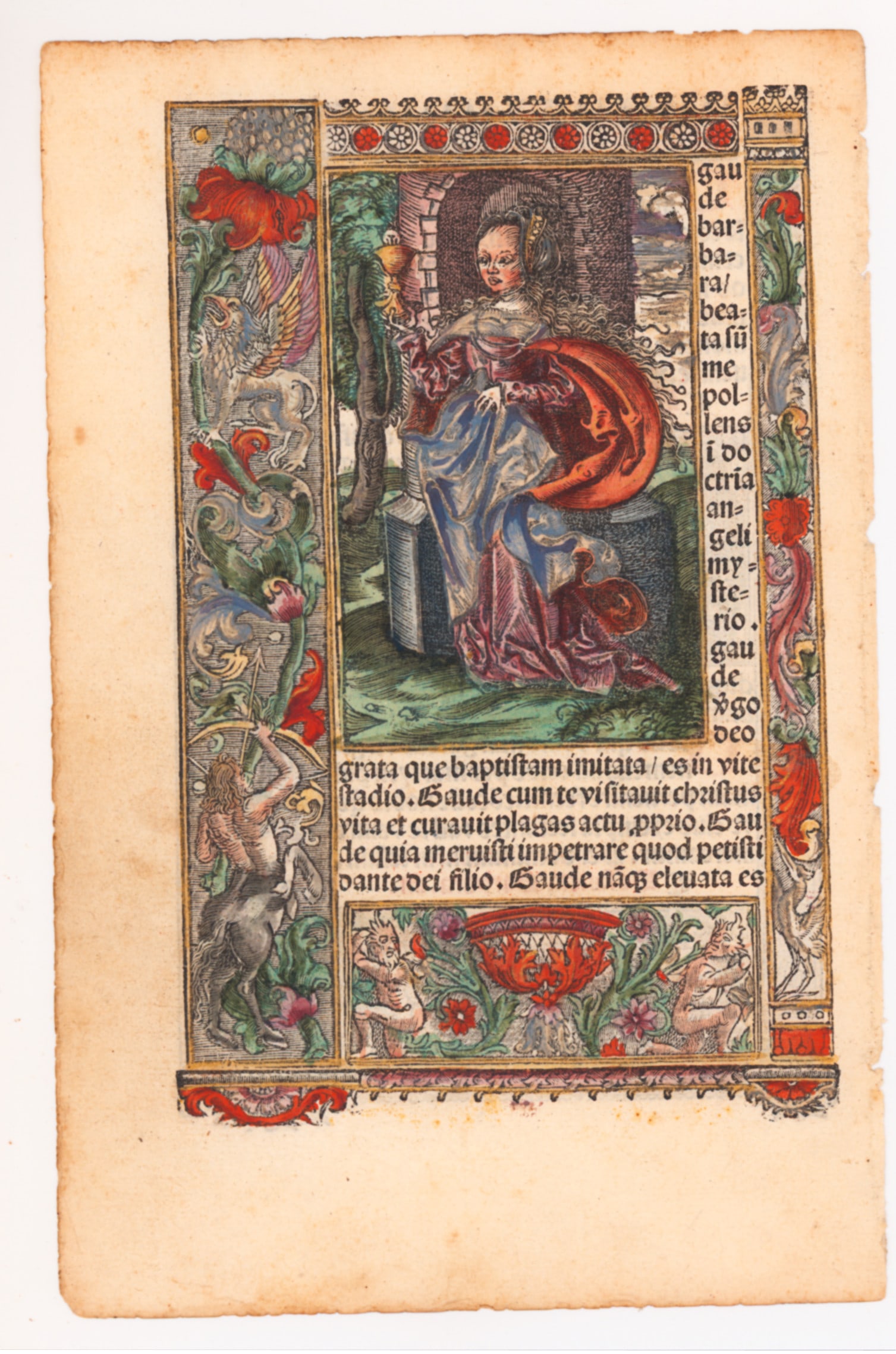 Fine 15th - 16th C. illuminated leaf from Book of Hours in Latin Illustration of Saint Barbara (1 of 13)