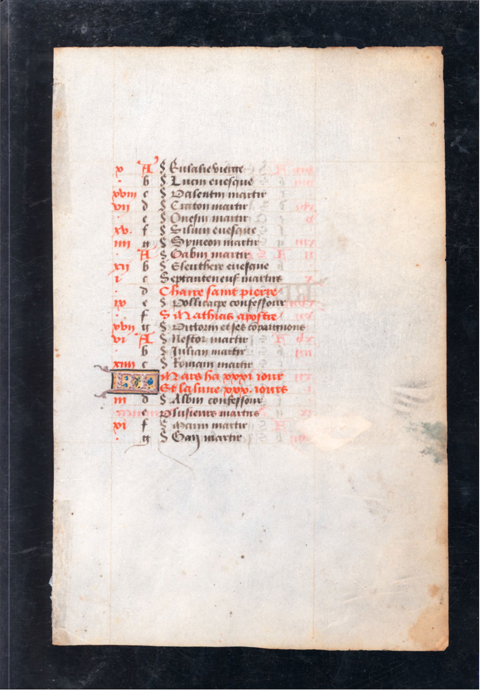 15th century illuminated leaf on vellum with calendar of Saints and Martyrs w Red letter days (1 of 4)