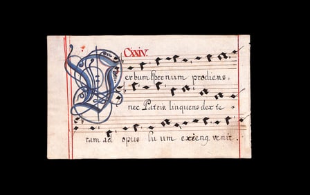 15th-17th C. leaf on paper with staves/rubrics drawn in Gothic hand Pages 123/124 in Roman numerals