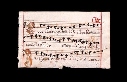 15th-17th C. leaf on paper with staves/rubrics drawn in Gothic hand Pages 119/120 in Roman numerals