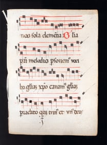 15th C. leaf on vellum of partial hymn from Book of Hours or choir book in gothic hand in latin