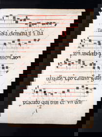 15th C. leaf on vellum of partial hymn from Book of Hours or choir book in gothic hand in latin (1 of 2)