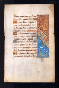 15th C. illuminated leaf on vellum from Book of Hours with illustrated initials, art and highlights (1 of 2)
