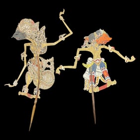 A Pair of Antique Elaborately Designed, Painted and Gilded Indonesian Wayang Shadow Puppets