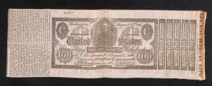 1861 Newspaper Clipping Featuring $100 Treasury Note Illustration - Estate of Roy Latham