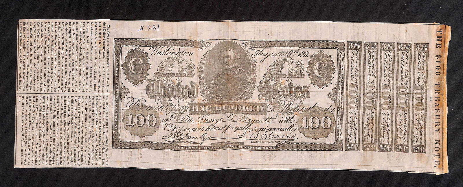 1861 Newspaper Clipping Featuring $100 Treasury Note Illustration - Estate of Roy Latham (1 of 2)