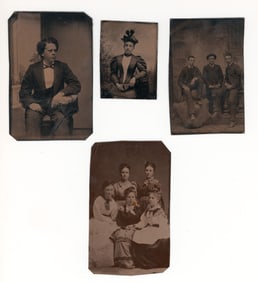 Lot of Four 19th Century Tintypes Featuring a Young Man, a Seated Woman, and Two Groups of Women
