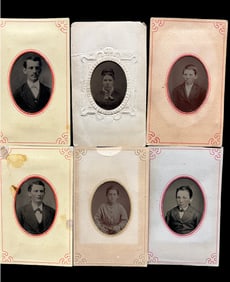 Lot of Six 19th Century Portrait Tintypes in Paper Frames Lancaster PA Thos Cummings stamp