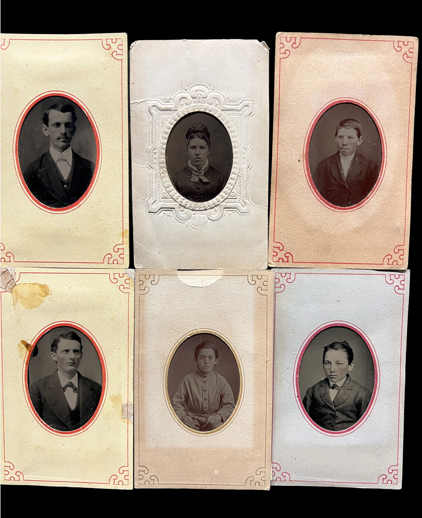 Lot of Six 19th Century Portrait Tintypes in Paper Frames Lancaster PA Thos Cummings stamp (1 of 9)