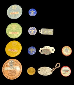 Antique NY Licenses, Dog Tags & Bird Club Pins (1 Solid Silver), 1919–1942 Estate of Roy Latham