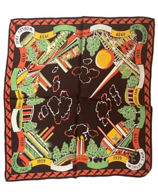 1939 New York Worlds Fair Scarf or Handkerchief showing Pirisphere and Trylon in Queens