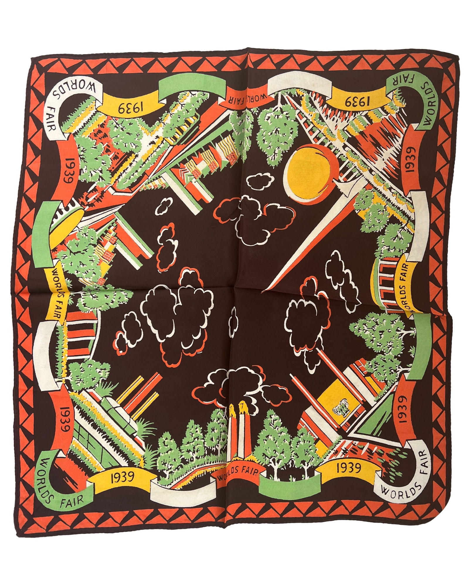 1939 New York Worlds Fair Scarf or Handkerchief showing Pirisphere and Trylon in Queens: A scarf, handkerchief or a decorative textile commemorating the 1939 World's Fair. The fair, officially known as the New York World's Fair, took place in Flushing Meadows–Corona Park in Queens, New