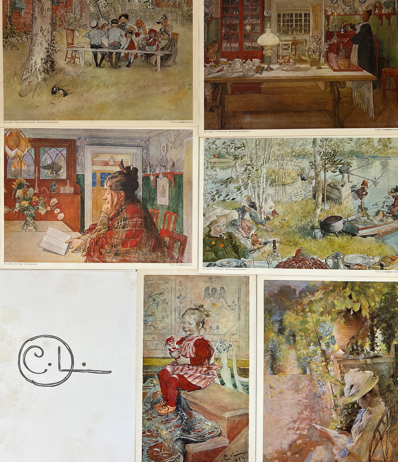 Lot of 6 Carl Larsson prints Published by the Carl Larsson Family Association, Gothenburg: A set of 6 prints by the renowned Swedish artist Carl Larsson, known for his warm and idyllic portrayals of family life and interiors in the Arts and Crafts style. These prints are reproductions of hi