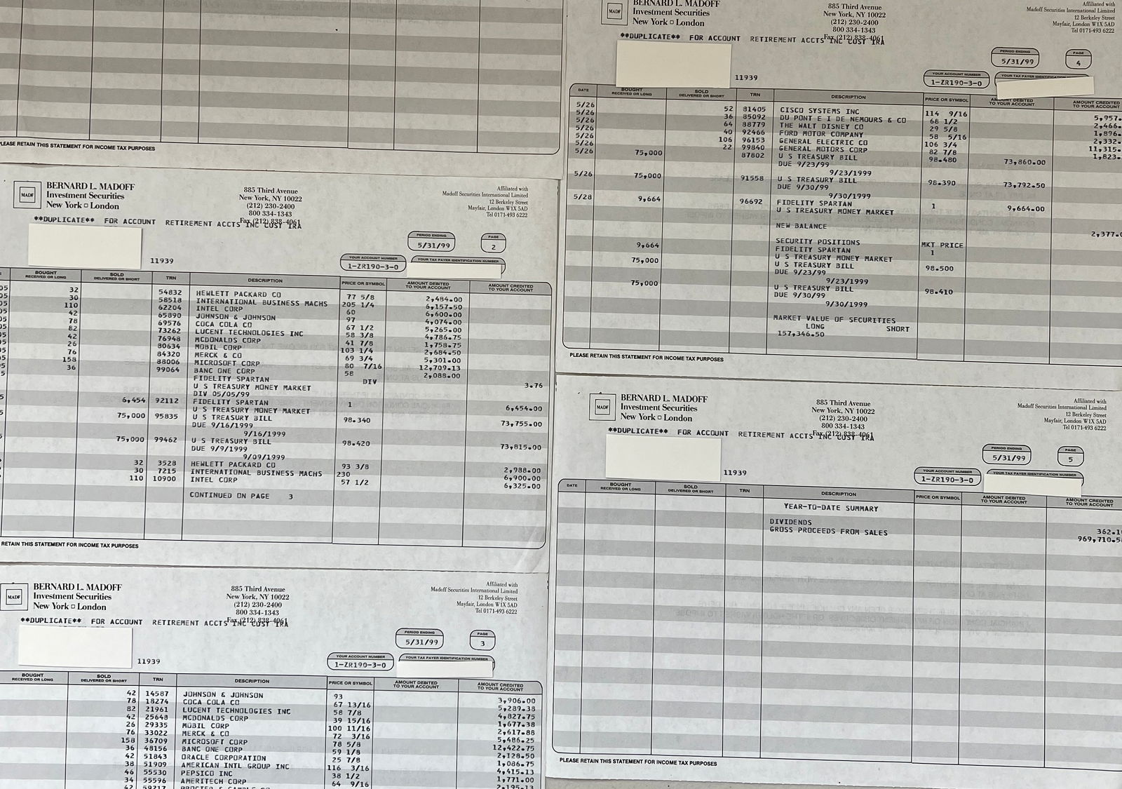 A 5 page financial statement from Bernard L. Madoff Investment Securities dated May 31, 1999 (1 of 7)