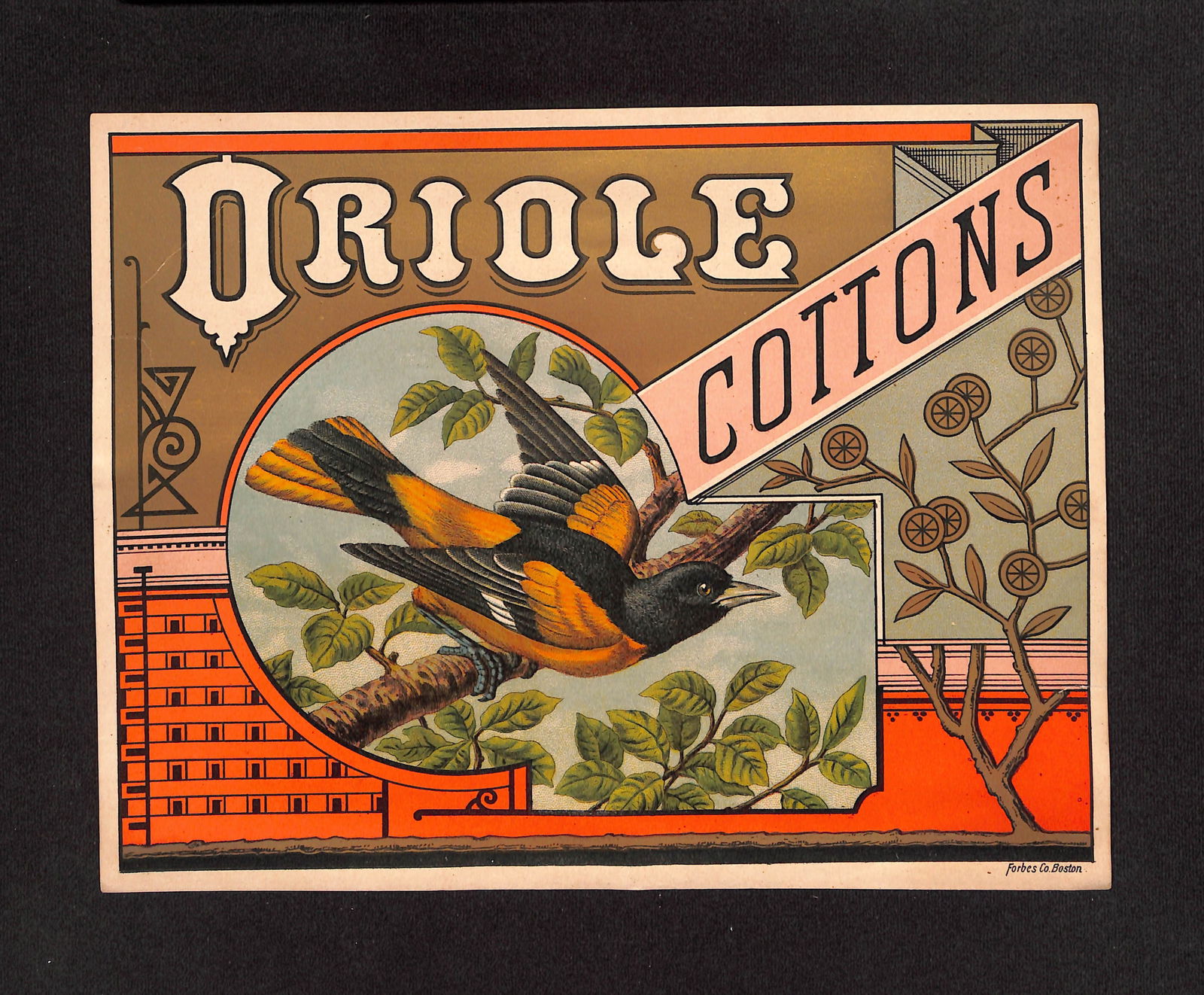 19th Century "Oriole Cottons" antique product Label printed by Forbes Co. Boston (1 of 2)