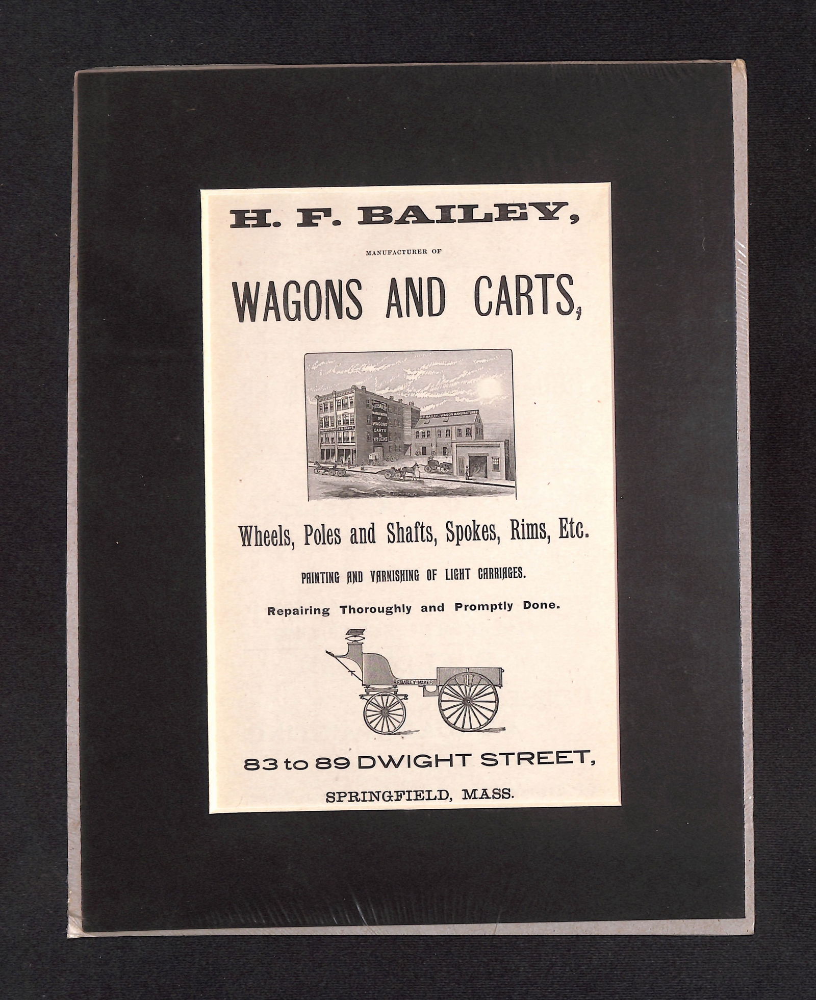 1893? H.F. Bailey Wagons and Carts Advertisement, Dwight Street, Springfield, Massachusetts (1 of 2)