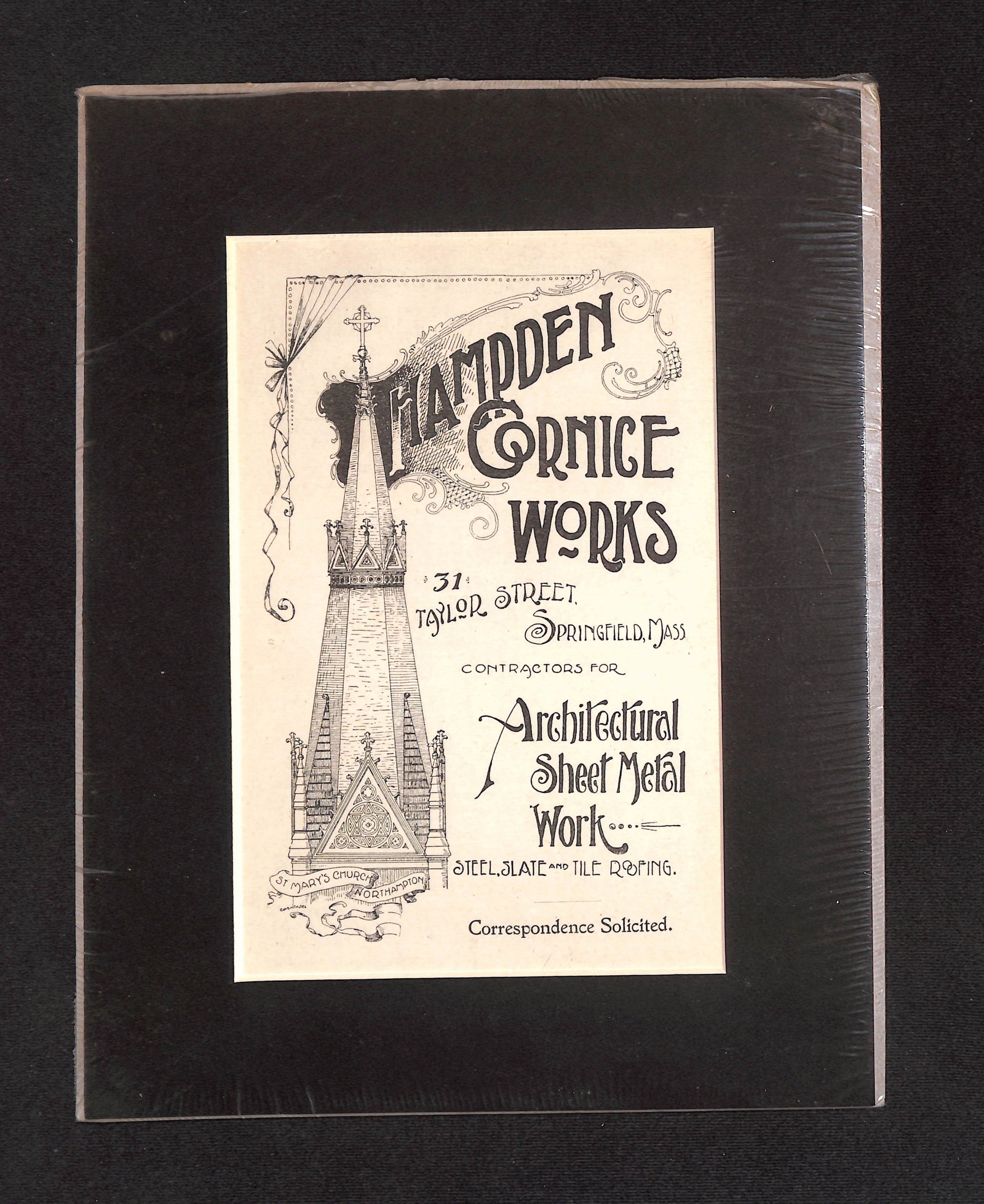 1896? Hampden Cornice Works Architectural Metalwork Advertisement: This advertisement, most likely from 1896, represents Hampden Cornice Works, a company based at 31 Taylor Street in Springfield, Massachusetts. It showcases their specialization in architectural sheet
