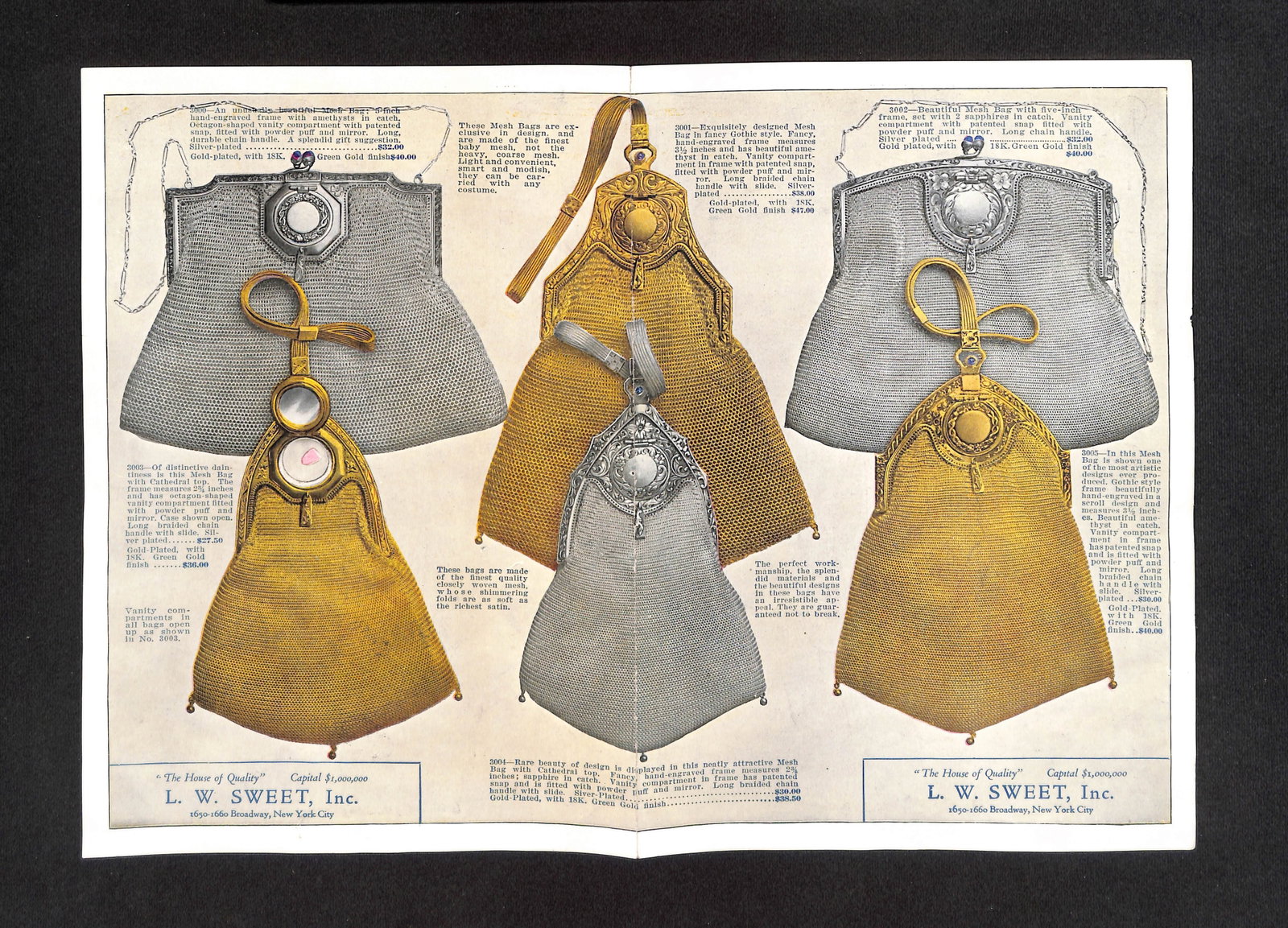 L.W. Sweet, Inc. Early 20th Century Handbags and Jewelry Advertisement: This is a colorful and intricately detailed advertisement from L.W. Sweet, Inc., a company that specialized in fine handbags and jewelry during the early 20th century. The advertisement, measuring app
