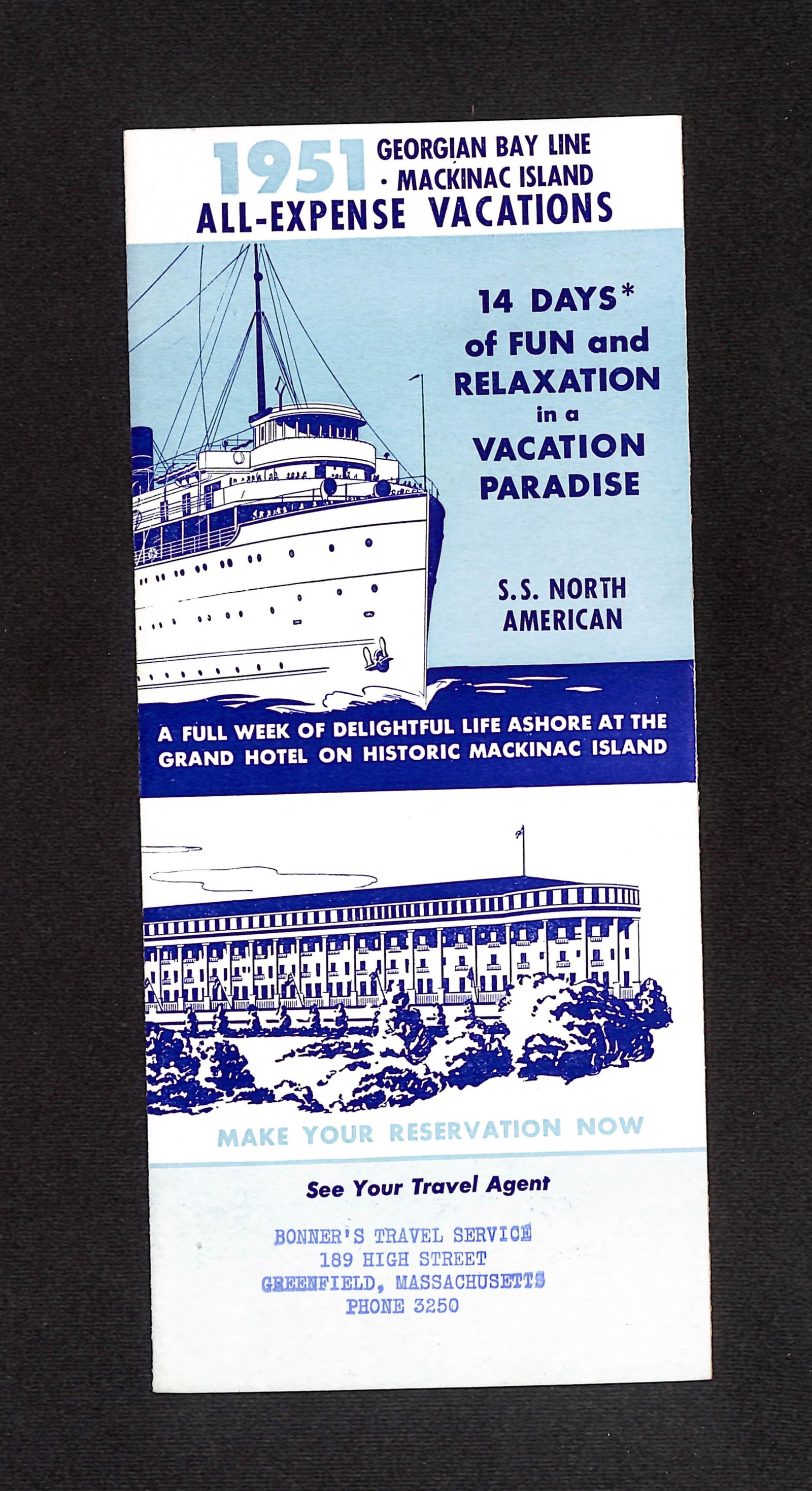 1951 Georgian Bay Line All-Expense Vacations Cruise Advertisement: This is a 1951 folding advertisement for all-expense vacation cruises offered by the Georgian Bay Line, featuring the S.S. North American. The ad, which unfolds to a size of 9 x 16 inches, serves as a