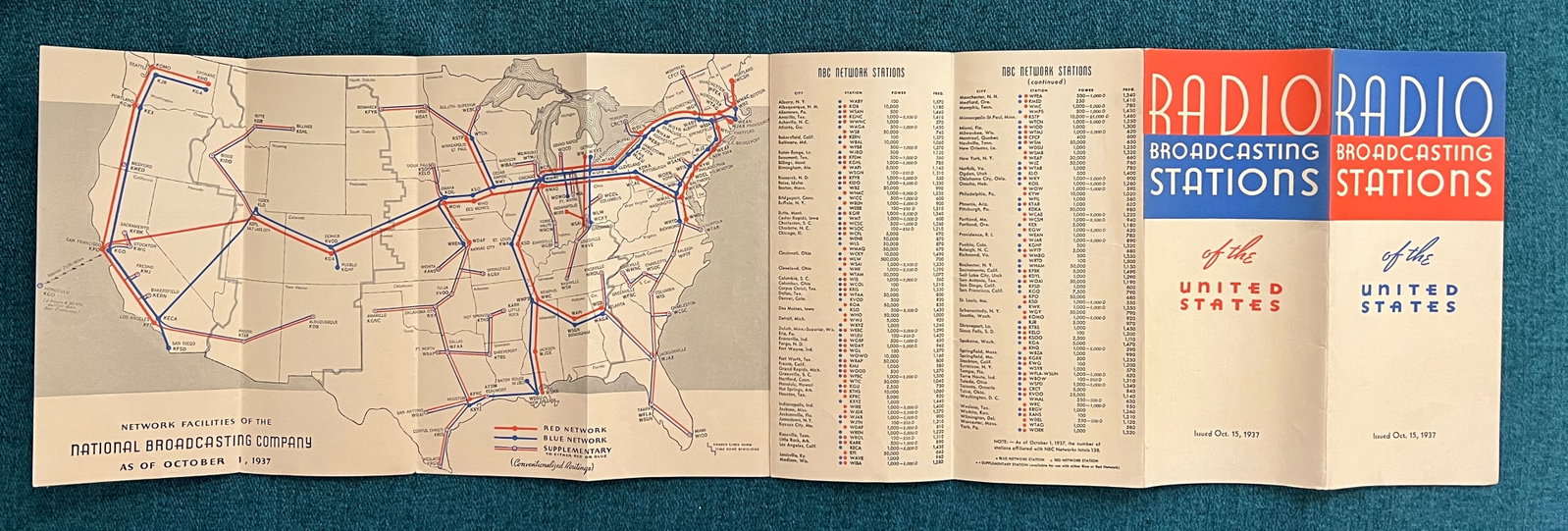 October 15th, 1937 NBC Radio Network Affiliate Map and Station List: This comprehensive 1937 pamphlet showcases the vast network of radio broadcasting stations across the United States affiliated with the National Broadcasting Company (NBC). Measuring 9.25 inches by 32