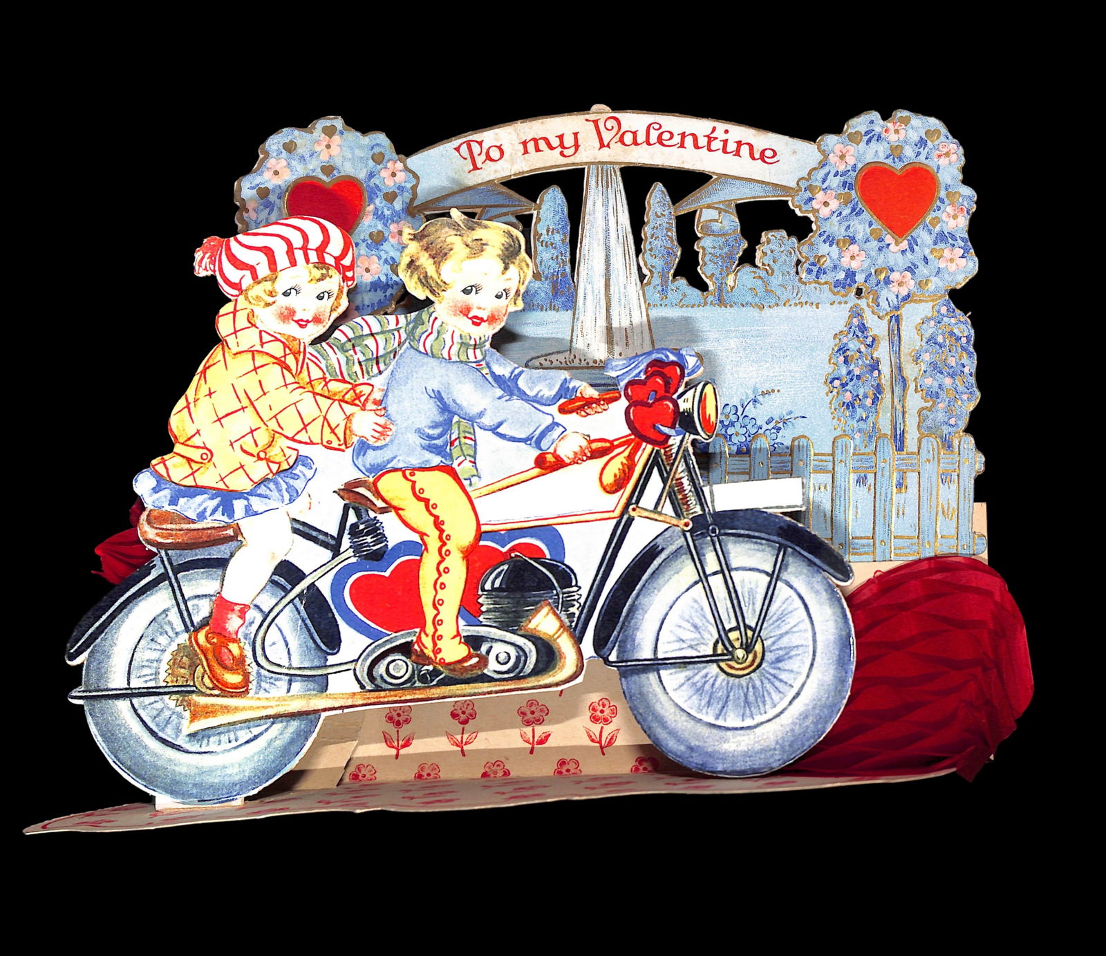 Vintage "Loving Greetings" 3D Pop-Up Valentine's Day Card with Fountain, Motorcycle built for 2 (1 of 5)