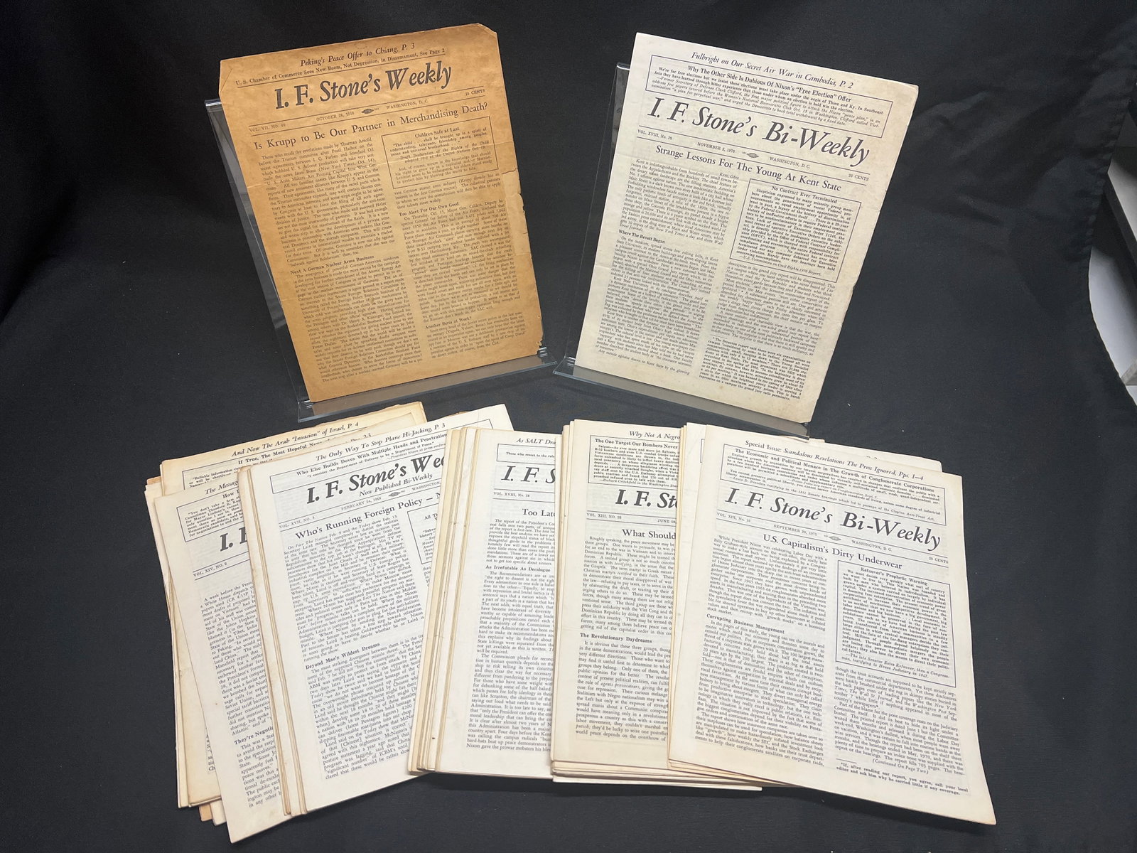 90+ copies of I.F. Stone's Bi-Weekly, politically progressive newsletter spanning 1959-1970: A lot of over 90 copies of Isidor Feinstein Stones (1907-1989) highly ranked "I. F. Stone's Weekly", a newsletter which ran from 1953 to 1971, as shown.